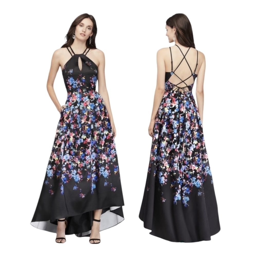 Morgan & Co Floral Printed Black Halter Evening Prom Gown Lace-Up Back Size 8